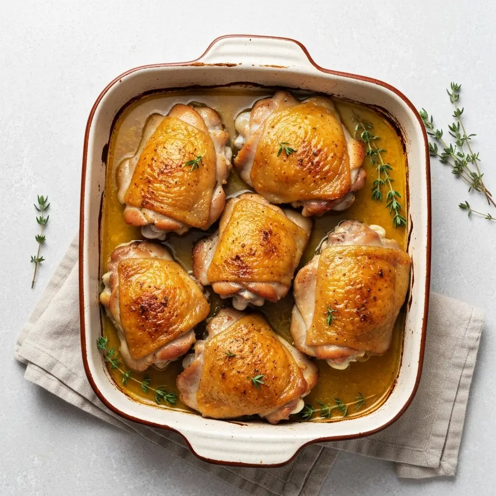 The Ultimate Juicy Baked Chicken Recipe (Simple & Foolproof!) 4 Overhead view of baked chicken thighs in a baking dish.