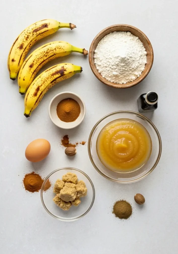 Ingredients for banana bread with applesauce laid out on a neutral surface.