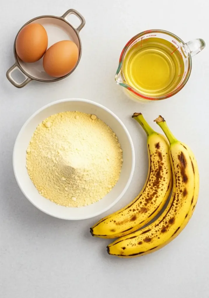 Ingredients for banana bread recipe with cake mix: cake mix, ripe bananas, eggs, and oil.