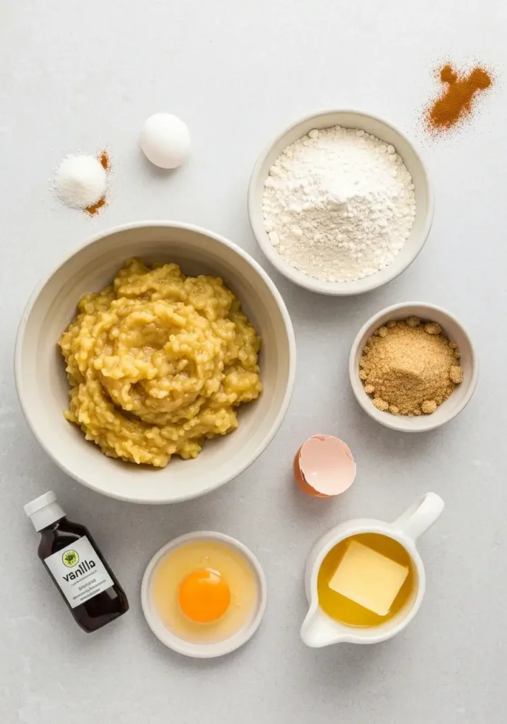 Easy Banana Bread Muffin Recipe: Moist, Fluffy, and Perfect for Breakfast 2 Ingredients for the banana bread muffin recipe laid out on a light surface.