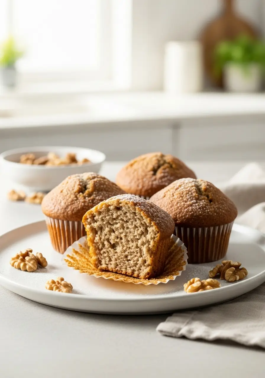 Easy Banana Bread Muffin Recipe: Moist, Fluffy, and Perfect for Breakfast 4 Three moist banana bread muffins on a white plate, with one broken open to show the fluffy texture.