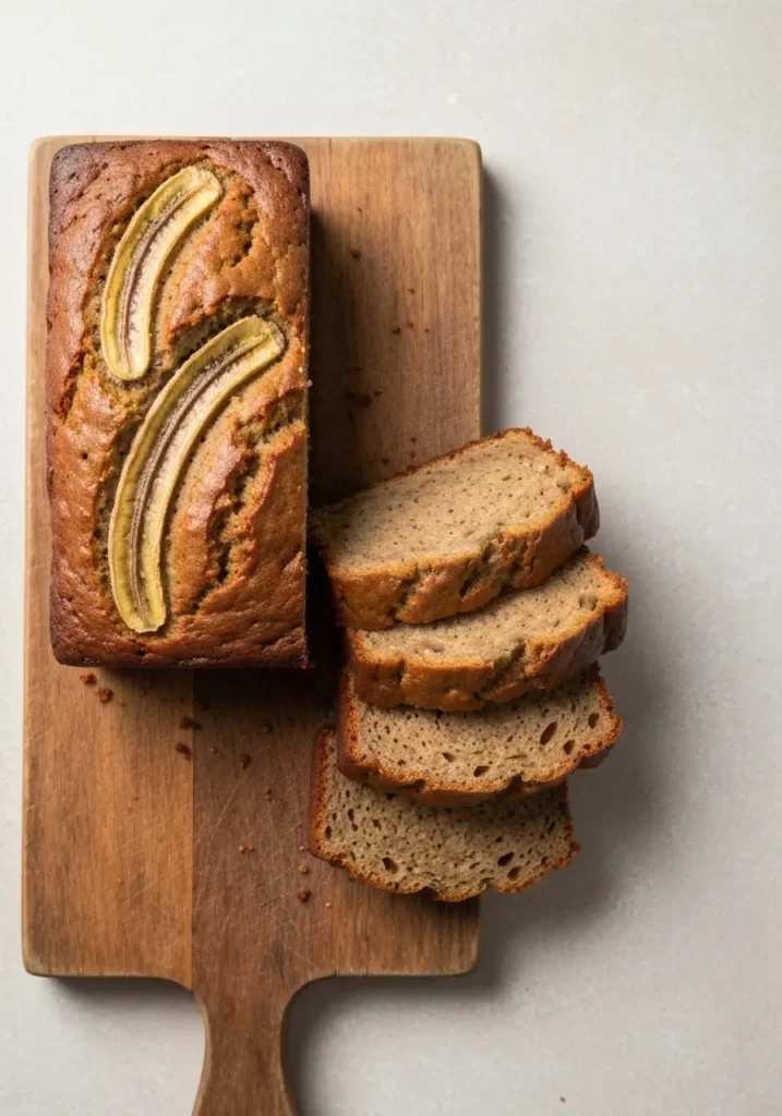 Overhead view of a sliced loaf of moist banana bread made without butter.