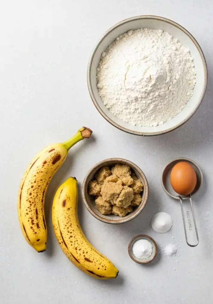 Easy Banana Bread Recipe 2 Bananas (Perfect for When You're Short!) 2 Ingredients for the 2-banana banana bread recipe laid out on a neutral surface.