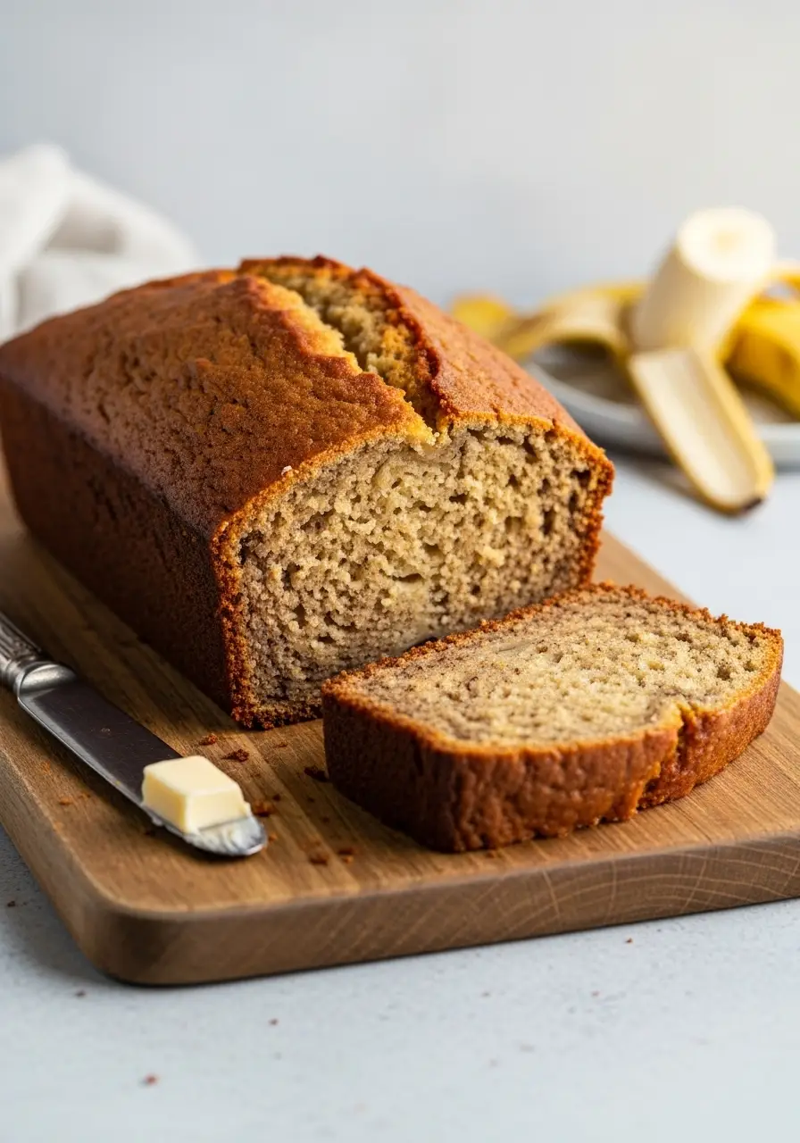 Easy Banana Bread Recipe 2 Bananas (Perfect for When You're Short!) 3 A perfectly moist loaf of banana bread made with 2 bananas, with one slice cut to show the tender interior crumb.