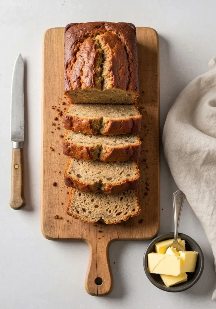 Easy Banana Bread Recipe 2 Bananas (Perfect for When You're Short!) 4 An overhead view of a sliced loaf of banana bread on a wooden board, showcasing its moist texture.