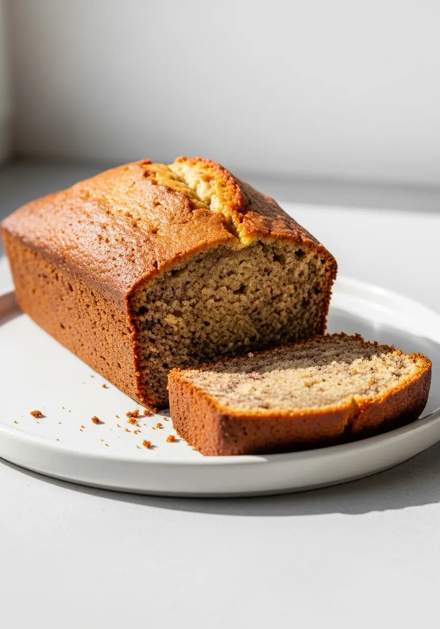 A moist loaf of banana bread made with no butter, with one slice cut to show the tender inside.
