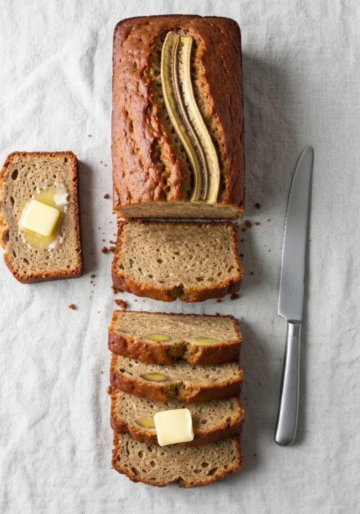 Overhead view of a sliced loaf of banana bread with applesauce.