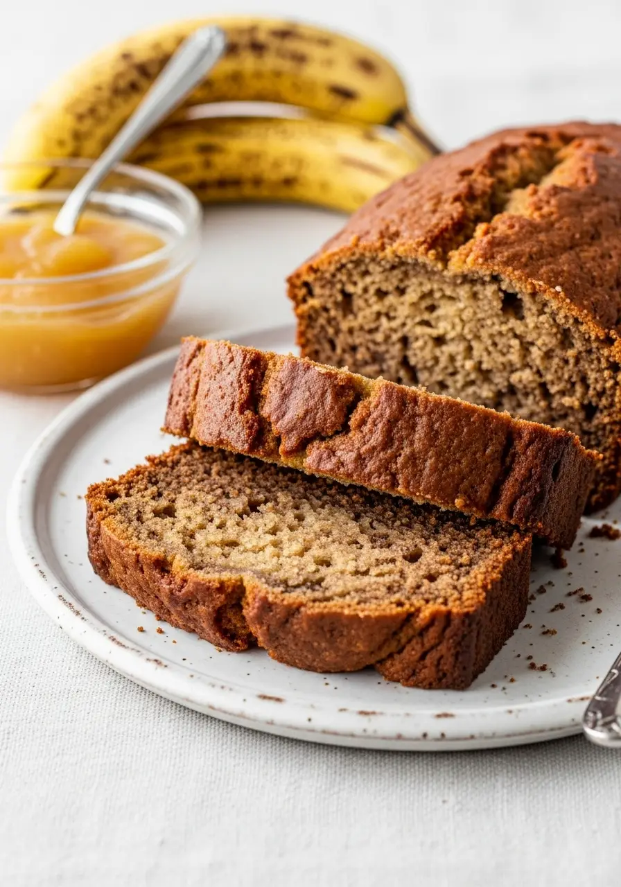 A sliced loaf of moist banana bread with applesauce on a white plate.