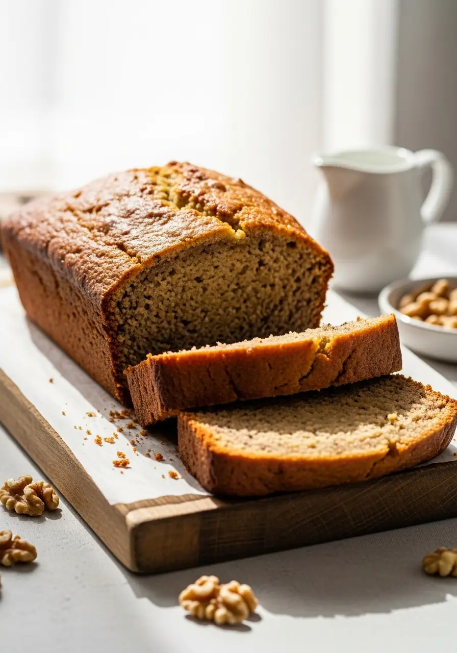 Banana Bread Recipe with Buttermilk for an Ultra-Tender Crumb 4 A loaf of banana bread recipe with buttermilk, sliced to show the moist and tender inside.