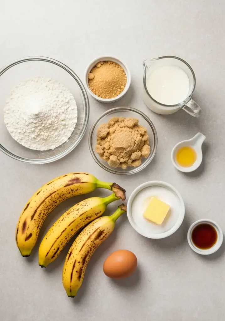 Banana Bread Recipe with Buttermilk for an Ultra-Tender Crumb 2 Ingredients for the banana bread recipe with buttermilk laid out on a table.