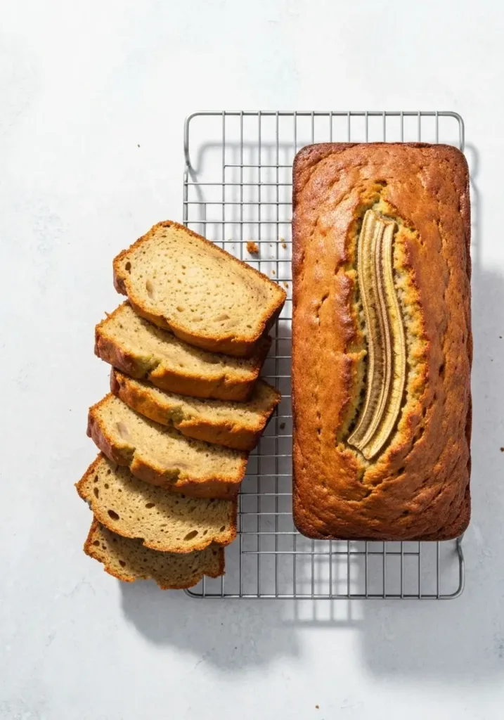 Banana Bread Recipe with Buttermilk for an Ultra-Tender Crumb 3 An overhead view of a sliced loaf of buttermilk banana bread on a cooling rack.