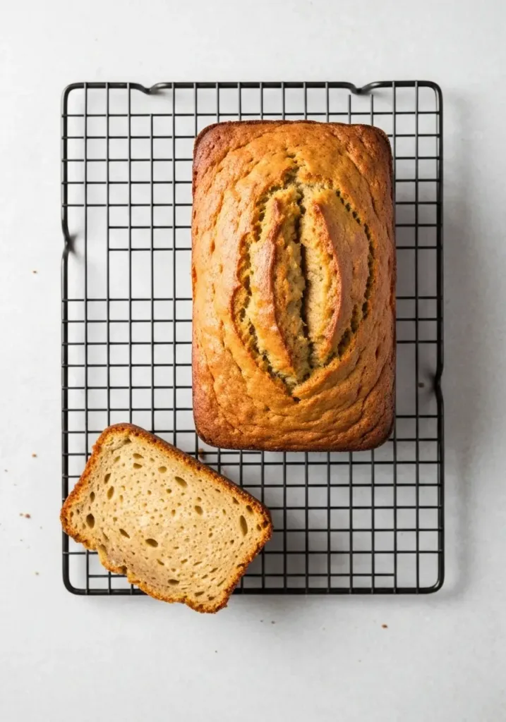 Overhead view of a full loaf of cake mix banana bread with one slice cut.