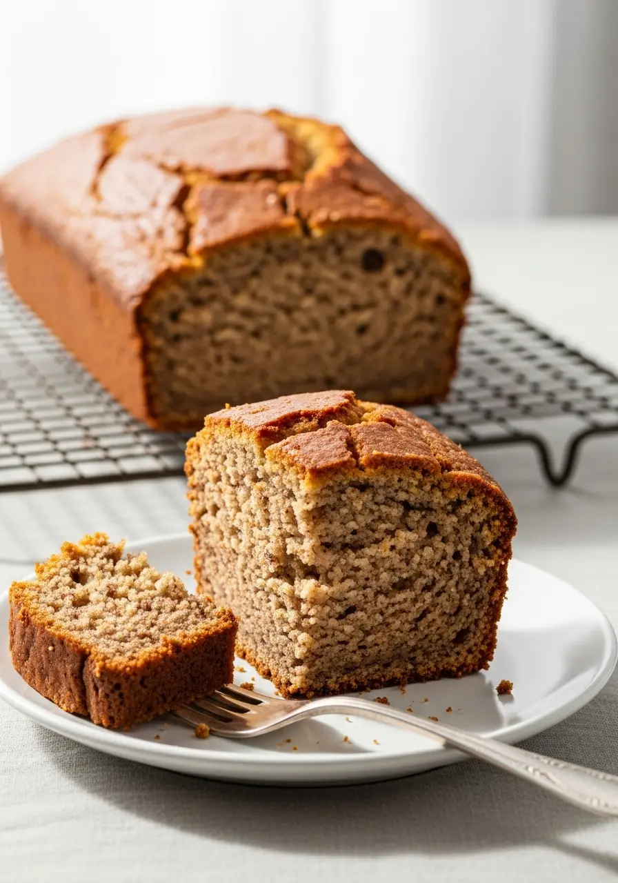 Easy Banana Bread Recipe with Cake Mix (A Super Moist 4-Ingredient Hack!) 4 A thick slice of moist banana bread made with cake mix on a white plate, showing the tender texture.