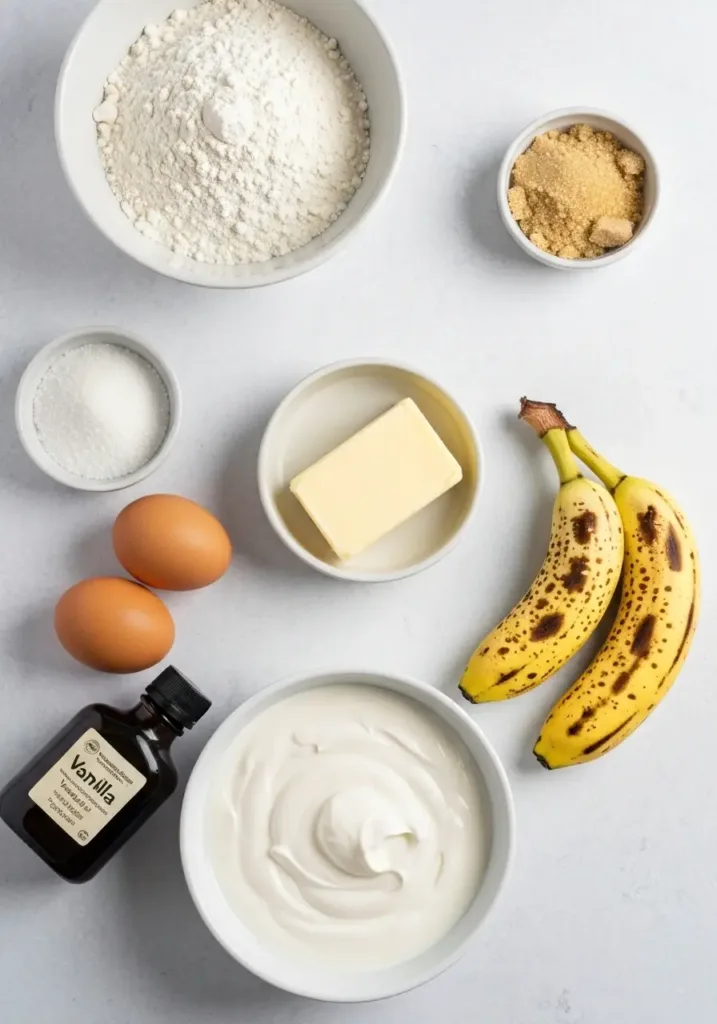 Banana Bread Recipe with Sour Cream for the MOISTEST Loaf Ever! 2 Ingredients for banana bread recipe with sour cream, including bananas, flour, sugar, butter, and sour cream.