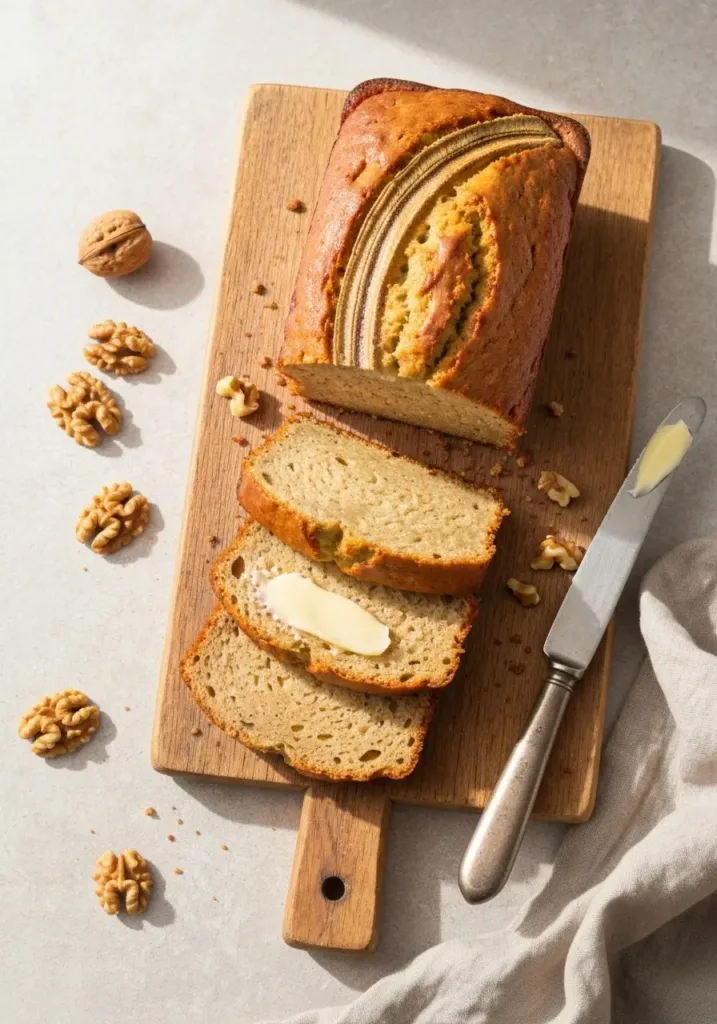 Banana Bread Recipe with Sour Cream for the MOISTEST Loaf Ever! 3 Overhead view of a sliced banana bread made with sour cream on a wooden board.