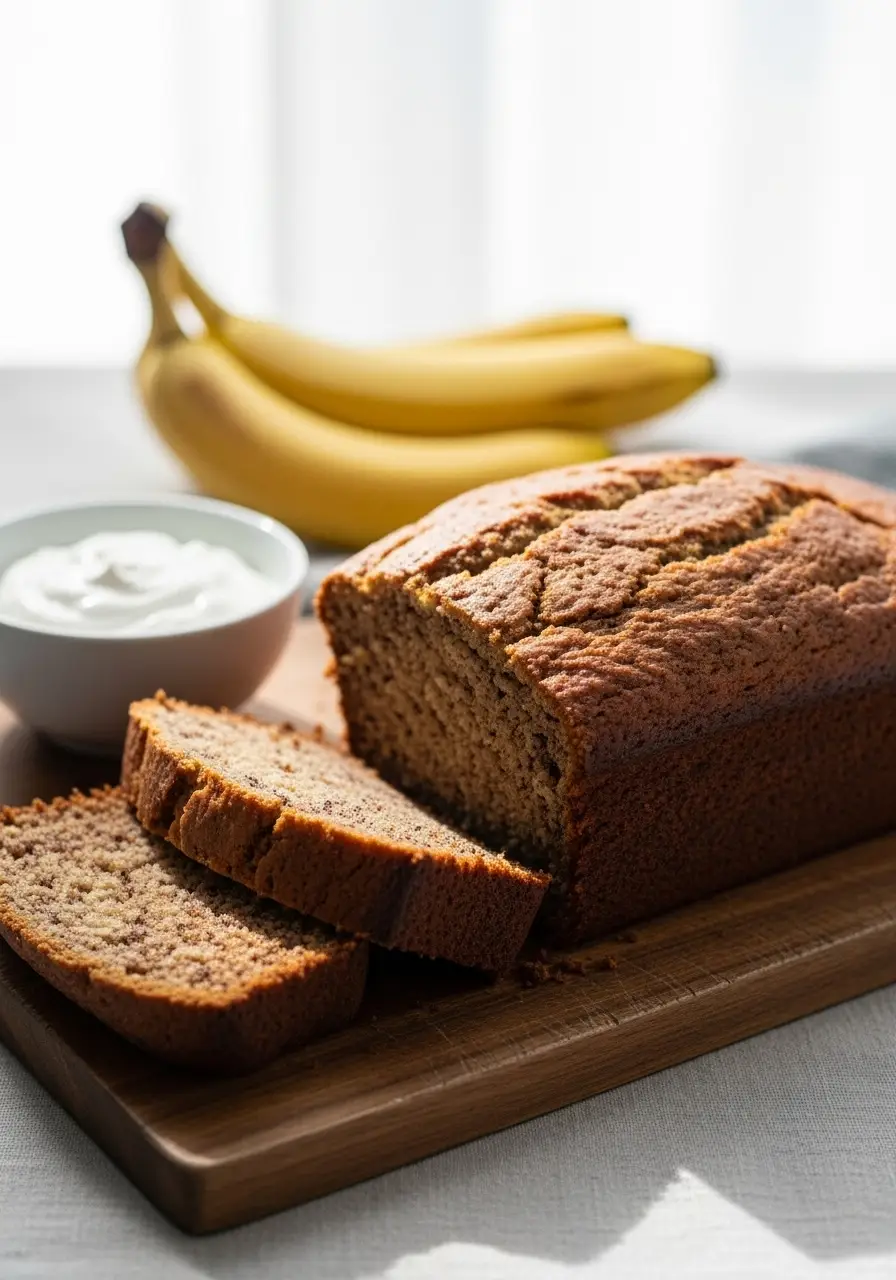 Banana Bread Recipe with Sour Cream for the MOISTEST Loaf Ever! 4 A loaf of banana bread recipe with sour cream, sliced to show the moist interior, with bananas in the background.