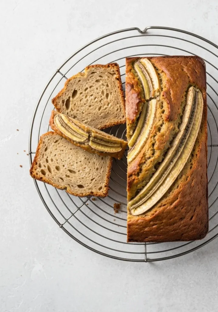 An overhead view of a sliced loaf of banana bread with yogurt.