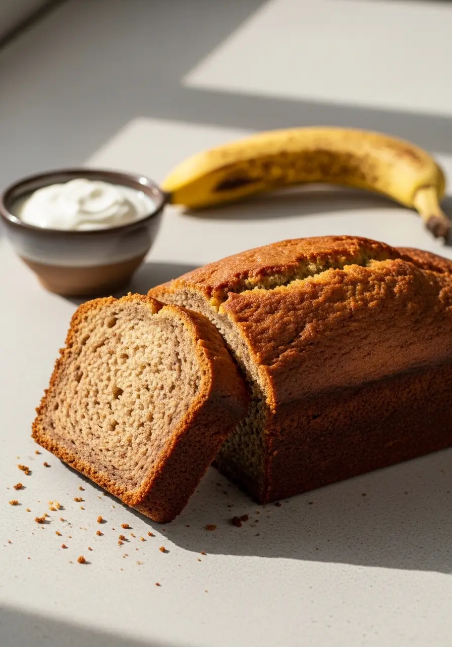 A moist banana bread recipe with yogurt, shown as a sliced loaf on a cooling rack.