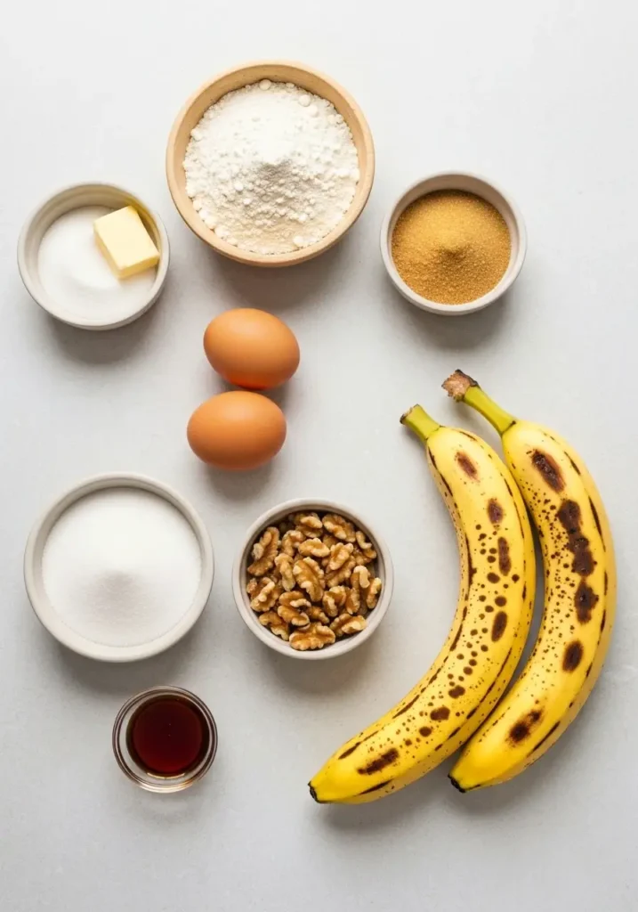 Classic Banana Nut Bread Recipe: Moist, Easy, and Delicious! 2 Ingredients for banana nut bread including flour, sugar, butter, eggs, ripe bananas, and walnuts laid out on a table.