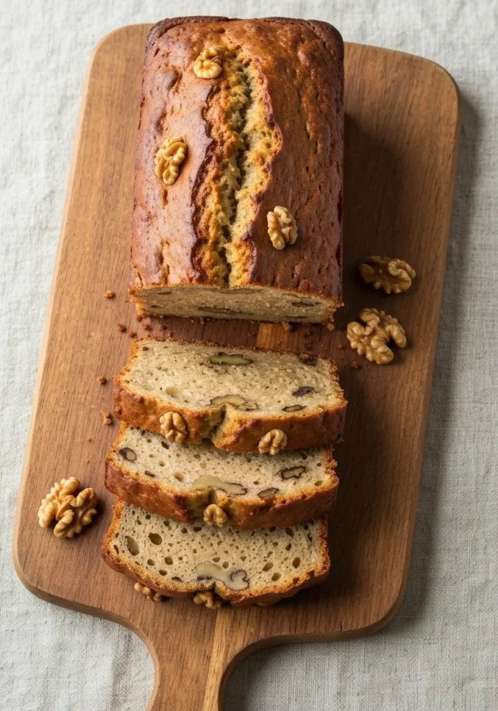 Classic Banana Nut Bread Recipe: Moist, Easy, and Delicious! 3 Overhead view of a sliced banana nut bread loaf on a cutting board.