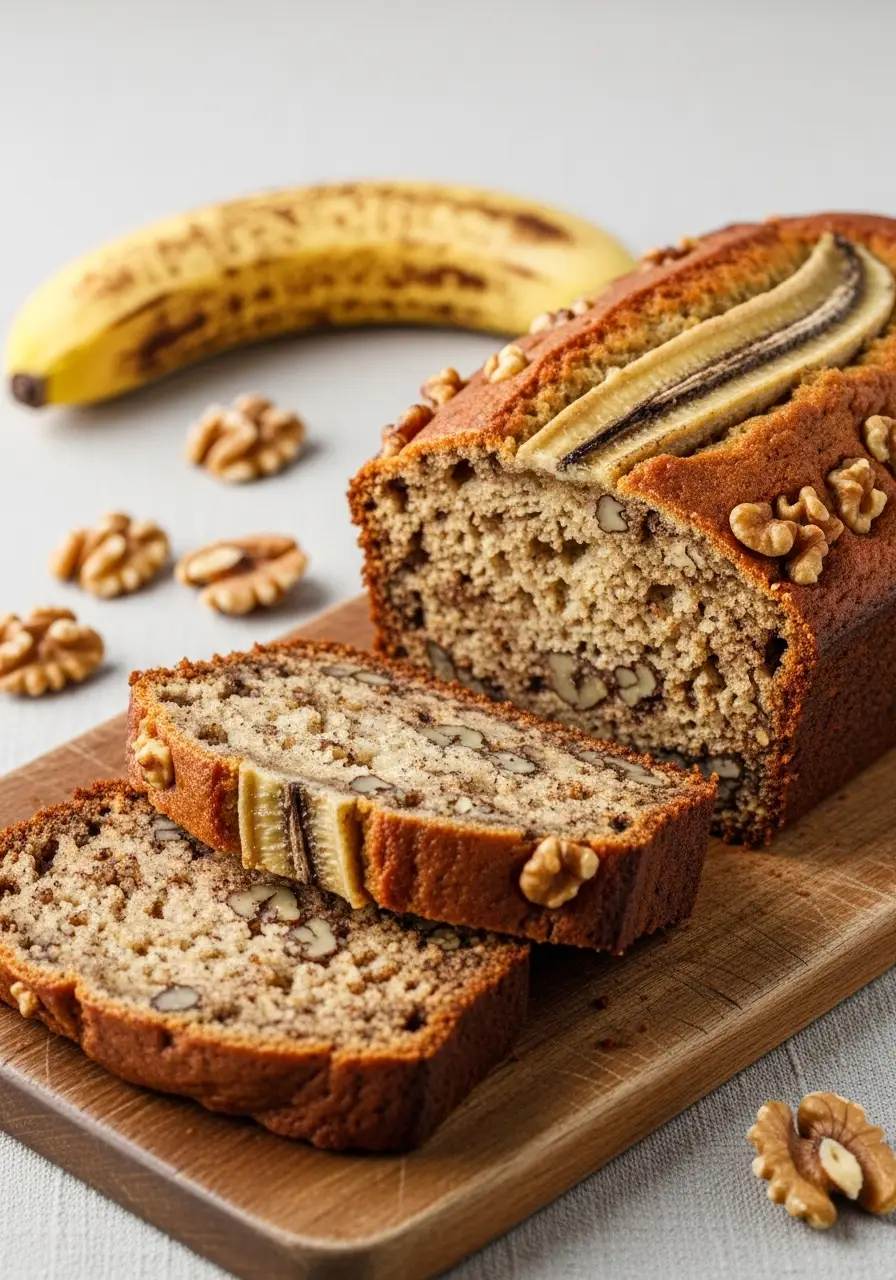 Classic Banana Nut Bread Recipe: Moist, Easy, and Delicious! 4 A loaf of moist banana nut bread sliced on a wooden board to show the fluffy interior with walnuts.