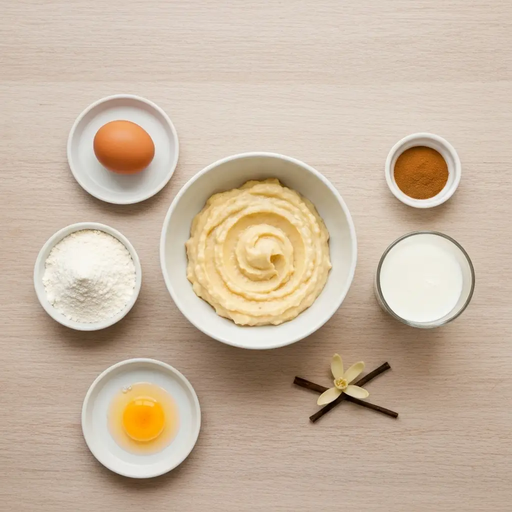 Banana Pancake Recipe (The Only One You'll Ever Need!) 2 Ingredients for the banana pancake recipe, including flour, milk, egg, and mashed ripe banana, arranged on a light surface.