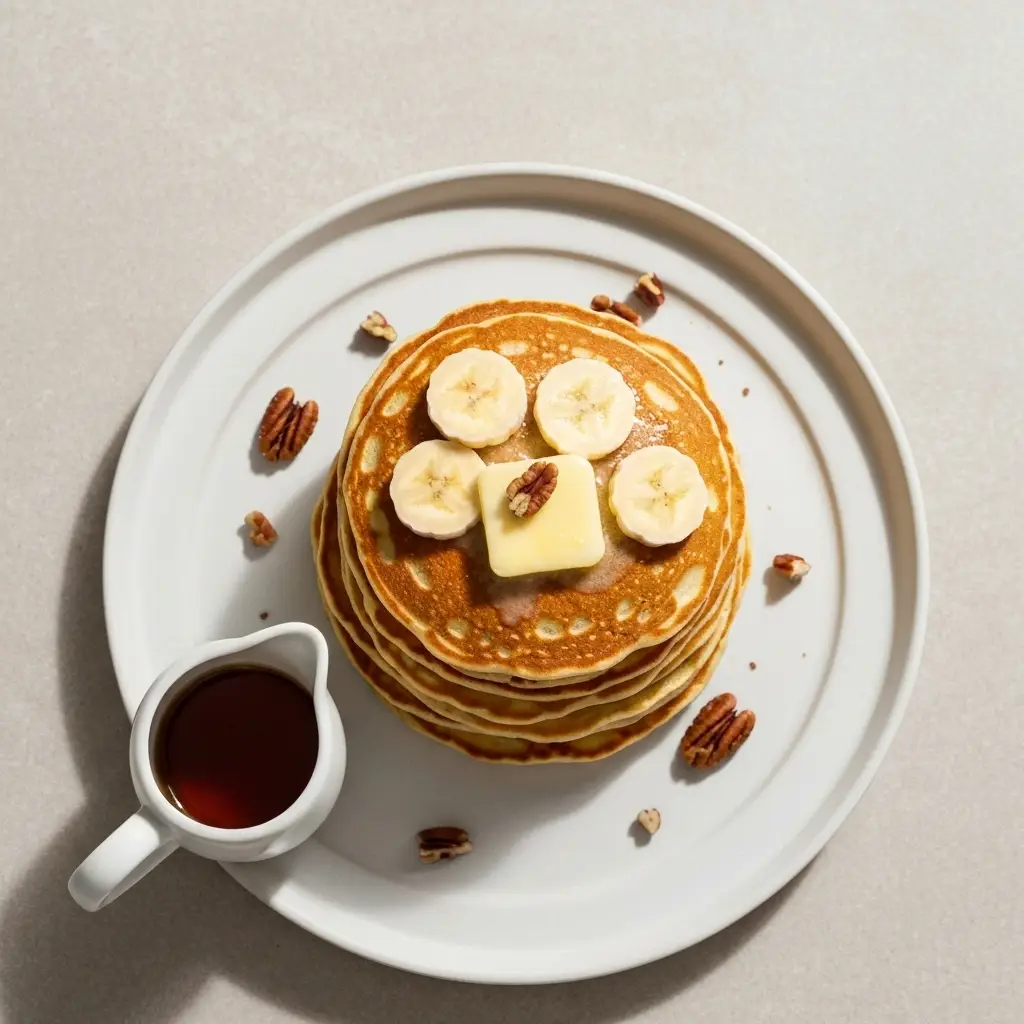 Banana Pancake Recipe (The Only One You'll Ever Need!) 4 An overhead shot of a finished stack of banana pancakes, topped with butter, banana slices, and pecans.
