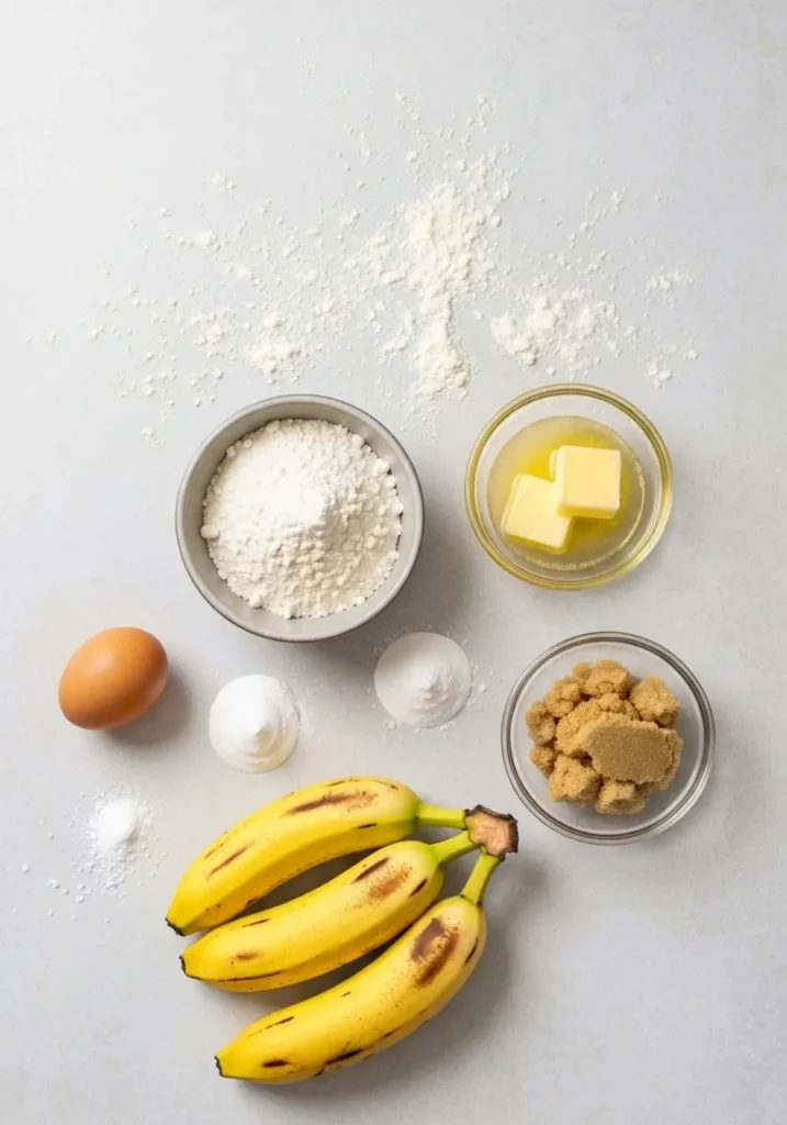 The Best Banana Bread Recipe! A Super Moist and Easy Classic Loaf 2 Ingredients for the best banana bread recipe, including flour, overripe bananas, butter, sugar, and an egg, arranged on a light surface.