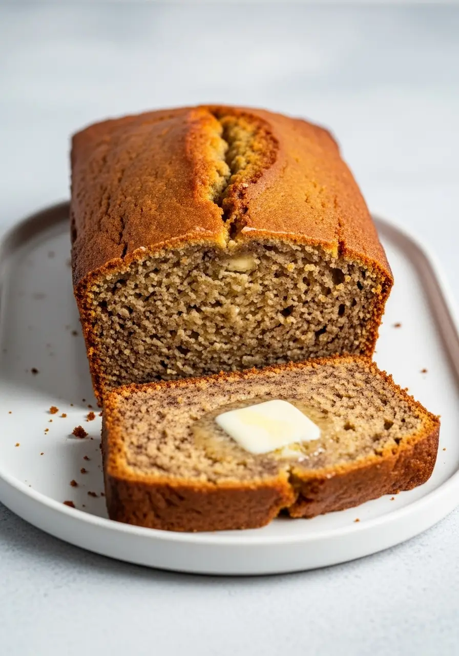 The Best Banana Bread Recipe! A Super Moist and Easy Classic Loaf 4 A thick slice of the best banana bread recipe resting against the golden-brown loaf on a white platter, showcasing its moist texture.
