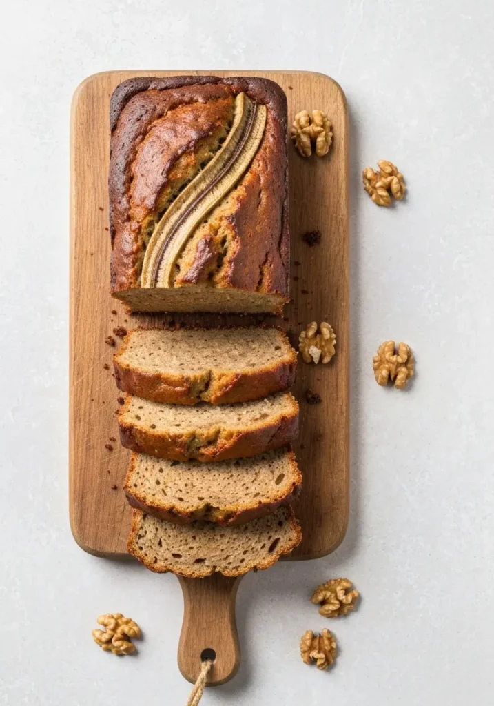 The Best Banana Bread Recipe! A Super Moist and Easy Classic Loaf 3 An overhead flat lay photo of a sliced loaf of the best banana bread recipe on a wooden board.