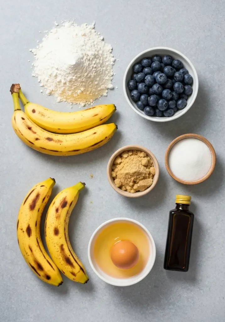 Blueberry Banana Bread Recipe (Moist, Easy & Bursting with Berries) 2 Ingredients for blueberry banana bread, including ripe bananas, flour, blueberries, butter, and sugar, arranged on a slate surface.