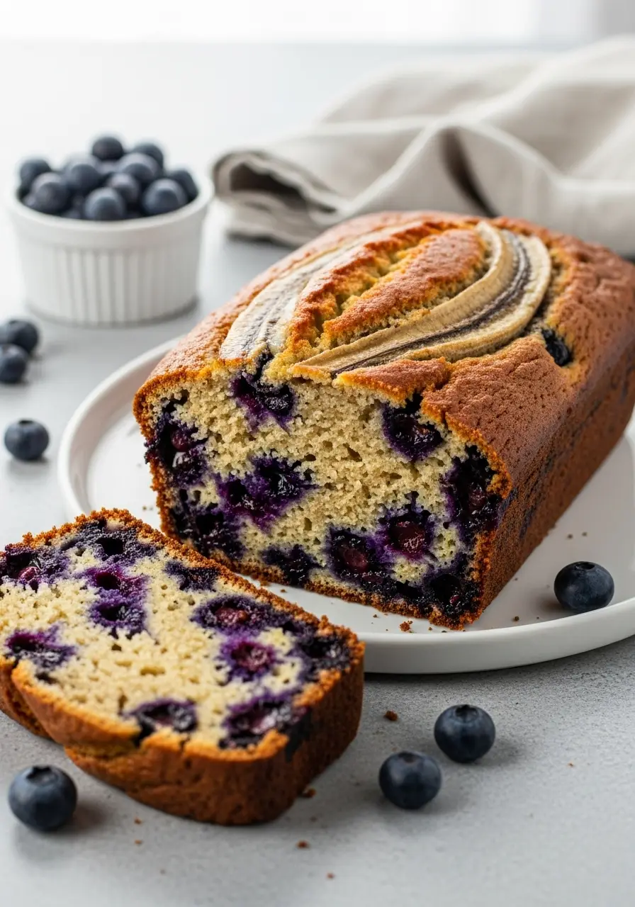 Blueberry Banana Bread Recipe (Moist, Easy & Bursting with Berries) 4 A loaf of moist blueberry banana bread with a slice cut out, showing a tender crumb filled with berries.