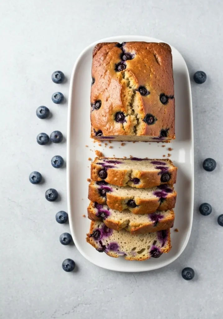 Blueberry Banana Bread Recipe (Moist, Easy & Bursting with Berries) 3 Overhead view of a sliced loaf of blueberry banana bread on a white platter.