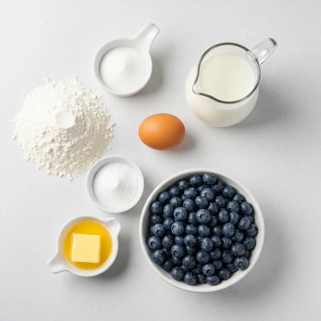 Ingredients for the blueberry pancake recipe arranged on a light surface, including flour, sugar, an egg, milk, and fresh blueberries.