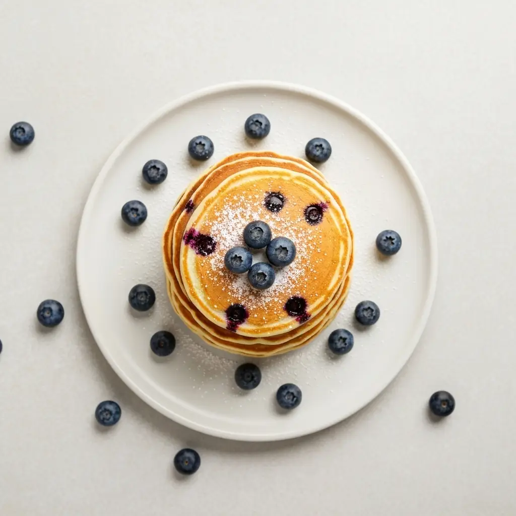 An overhead view of a stack of blueberry pancakes dusted with powdered sugar and garnished with fresh berries.