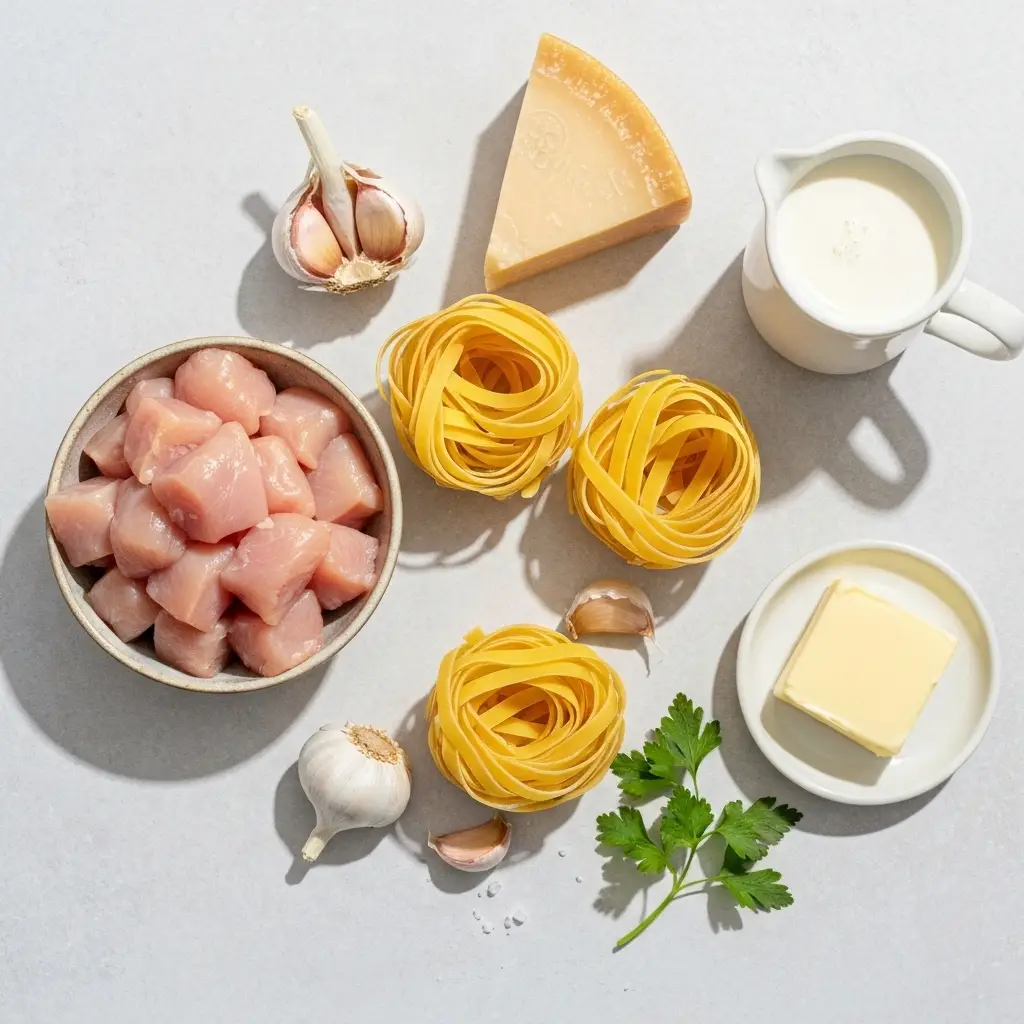 Chicken Alfredo Recipe: The Ultimate 30-Minute Creamy Classic 2 An overhead flat lay of the ingredients for chicken alfredo: fettuccine, chicken, parmesan, cream, garlic, and butter.