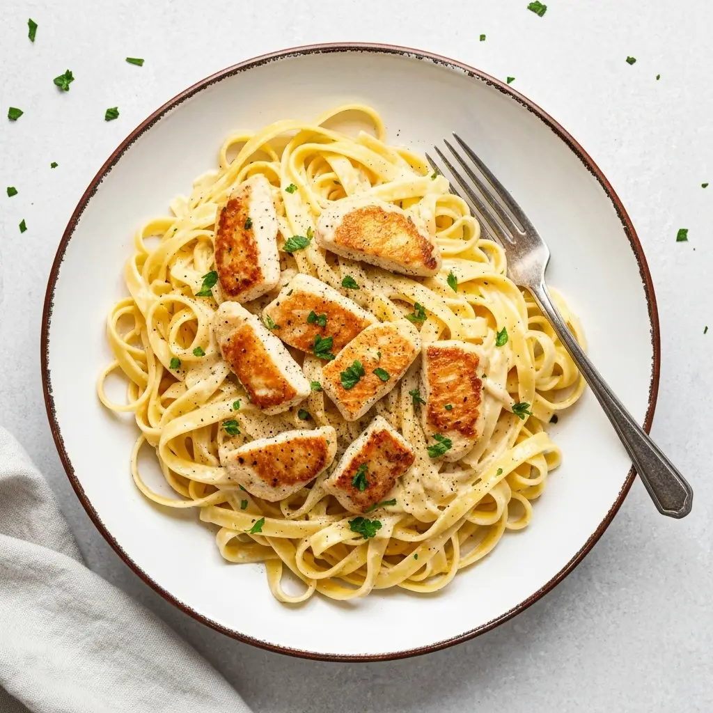 Chicken Alfredo Recipe: The Ultimate 30-Minute Creamy Classic 4 An overhead view of a large serving bowl filled with creamy chicken alfredo pasta.