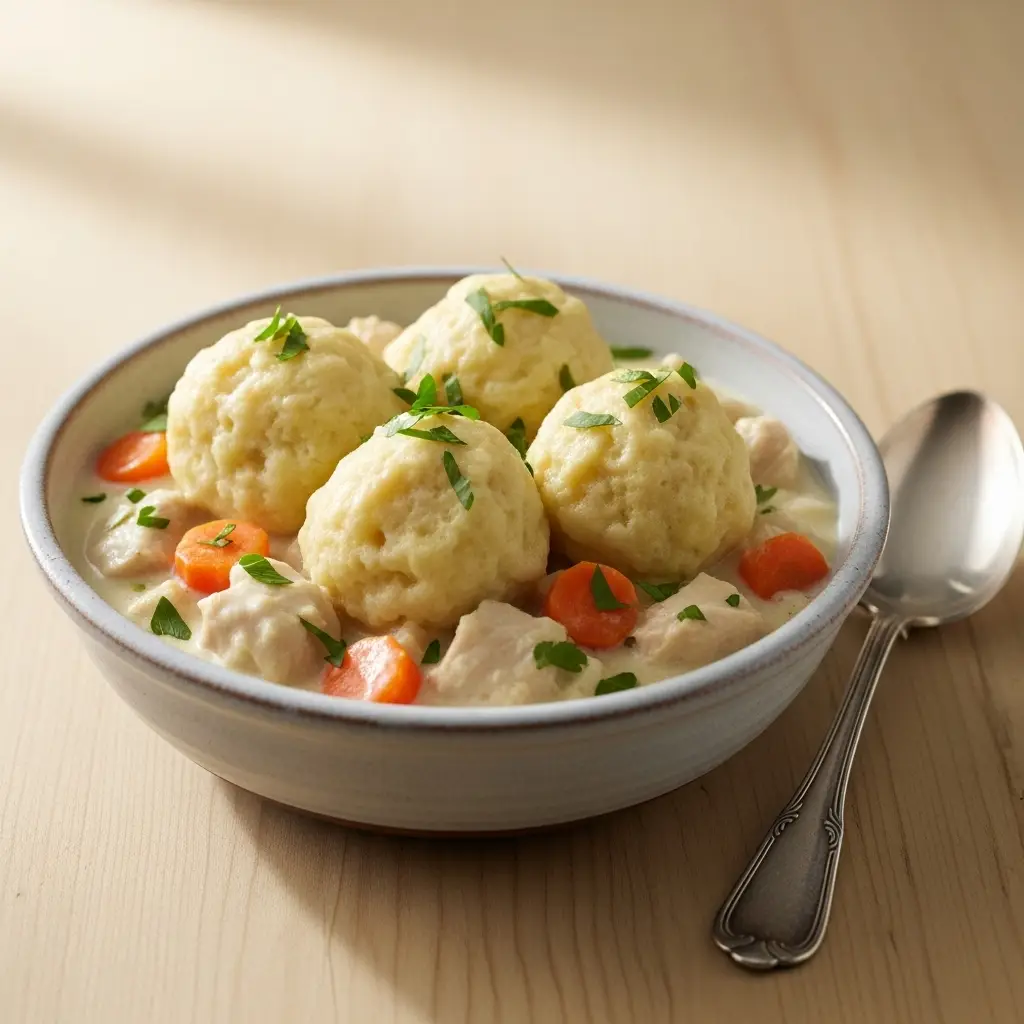 A close-up view of a bowl of creamy, old-fashioned chicken and dumplings recipe, garnished with fresh herbs.