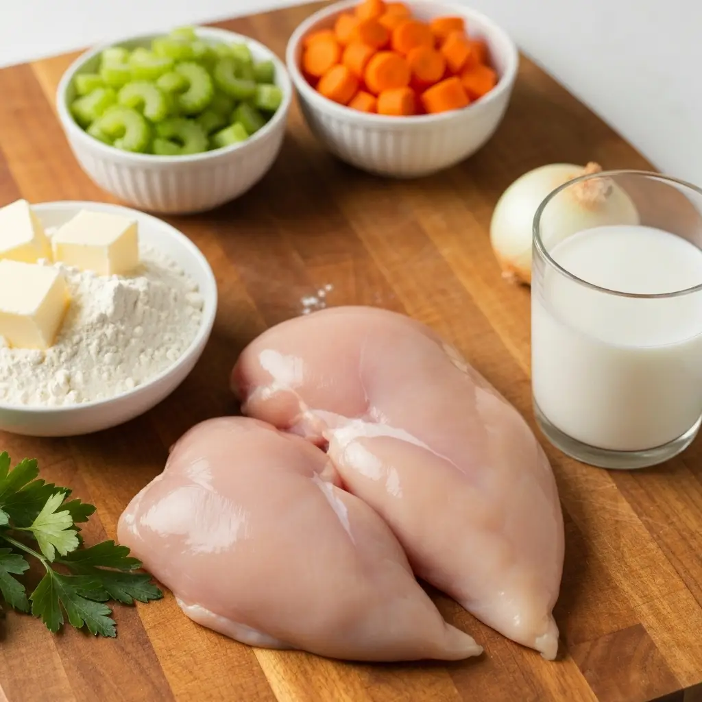 Ingredients for the chicken and dumplings recipe arranged on a counter, including chicken, flour, vegetables, and butter.