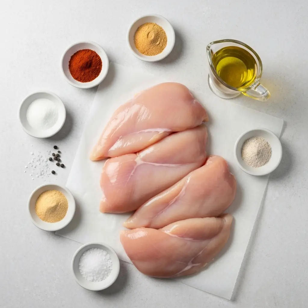 Ingredients for the juicy chicken breast recipe laid out on a light surface: raw chicken, olive oil, and spices.