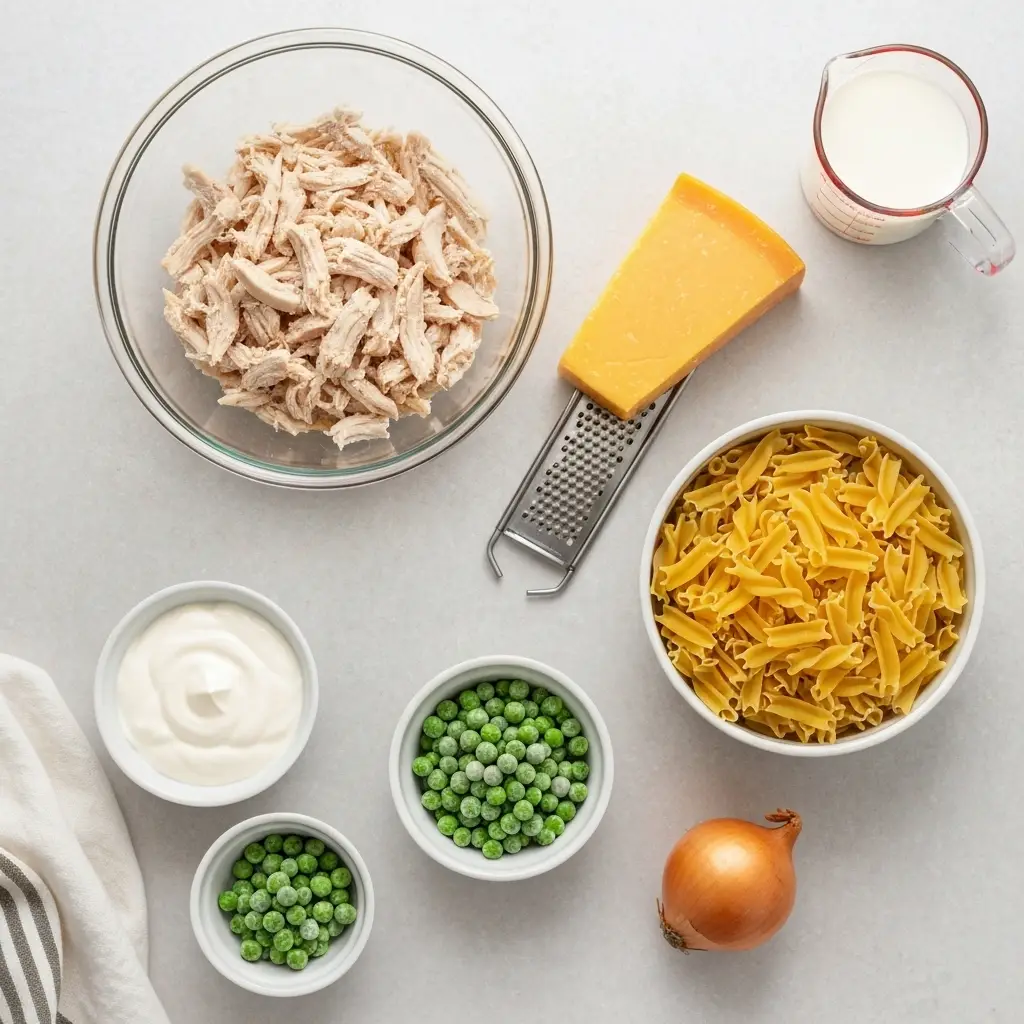 Chicken Casserole Recipe: The Ultimate Creamy & Cheesy Guide 2 An overhead view of the ingredients for chicken casserole, including shredded chicken, pasta, cheese, sour cream, and Panko breadcrumbs.