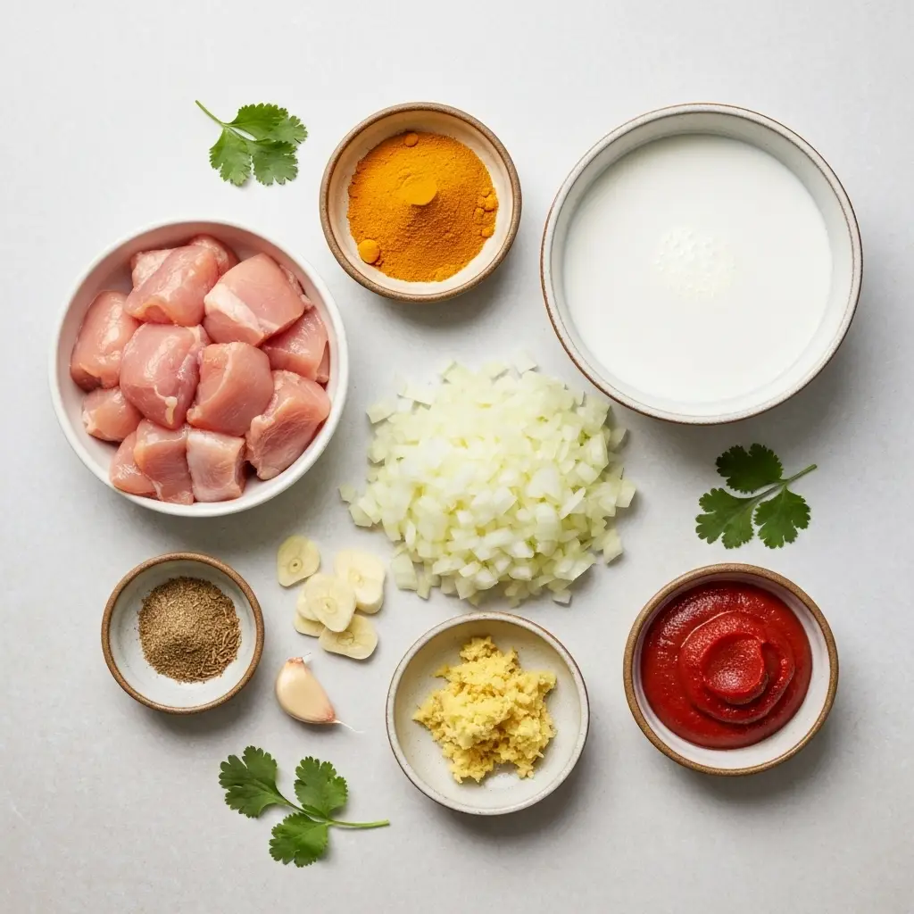 Chicken Curry Recipe: The Easiest, Creamiest 30-Minute Meal 2 Ingredients for chicken curry laid out on a light surface, including chicken, onion, garlic, ginger, spices, and coconut milk.