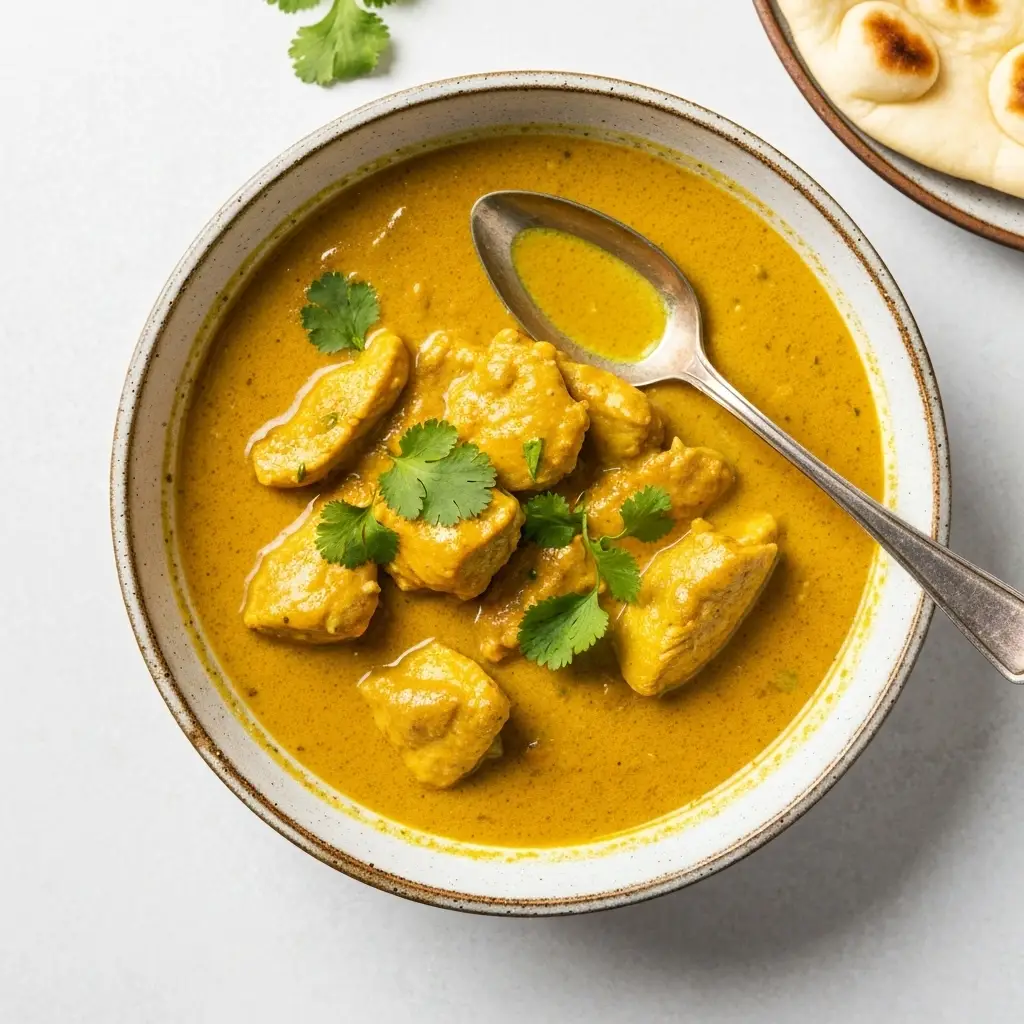 Chicken Curry Recipe: The Easiest, Creamiest 30-Minute Meal 3 Overhead view of a bowl of creamy chicken curry garnished with fresh cilantro.