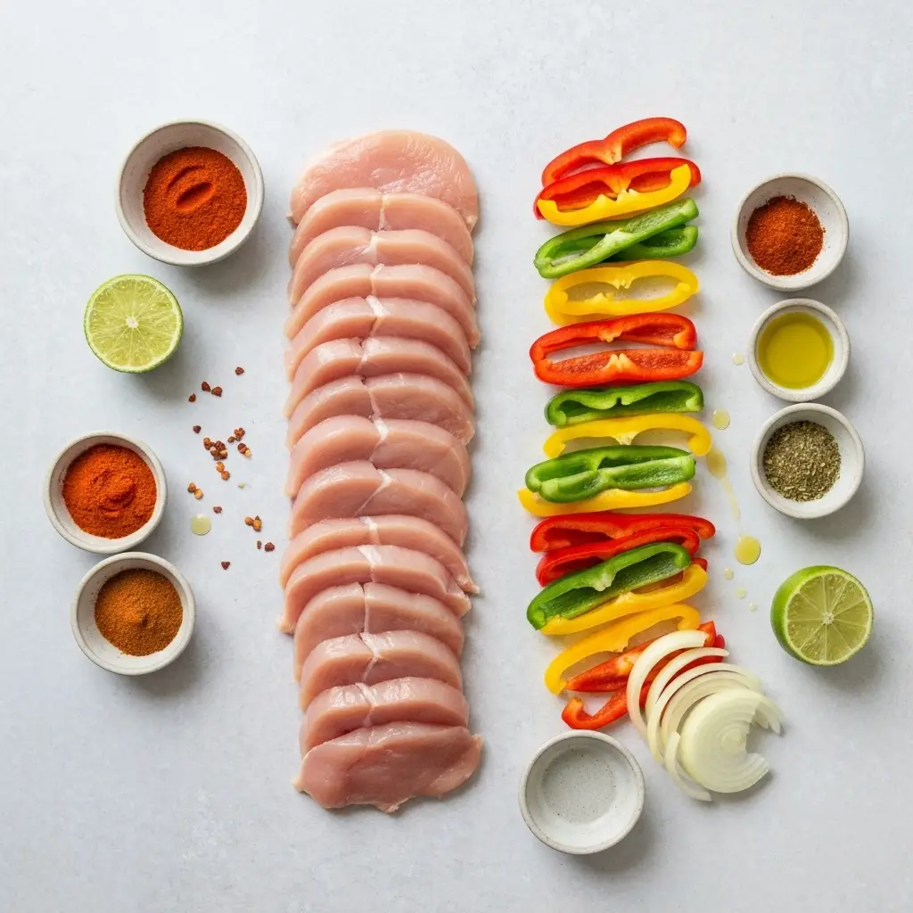 Overhead view of ingredients for chicken fajitas: sliced chicken, bell peppers, onion, and spices.
