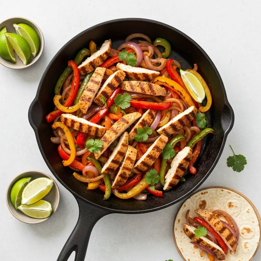 Overhead photo of cooked chicken fajitas in a cast iron pan, ready to serve.