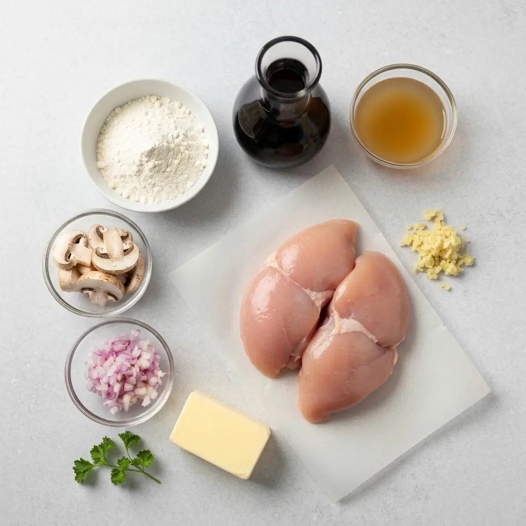 Ingredients for chicken marsala recipe laid out on a light surface.