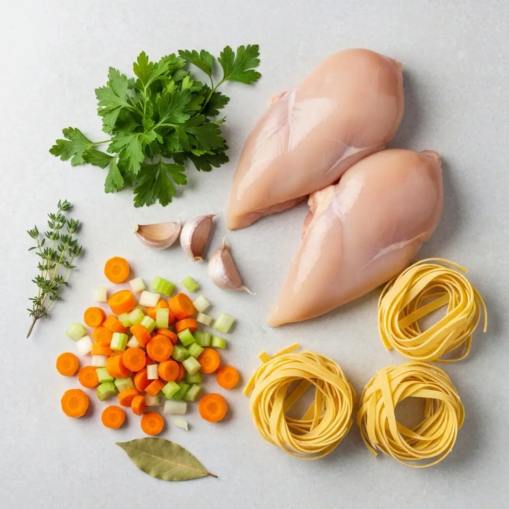 Ingredients for chicken noodle soup, including chicken, carrots, celery, onion, and noodles, arranged on a light surface.