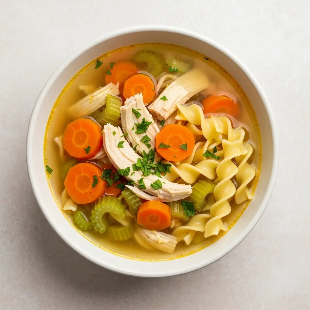 Overhead view of a finished bowl of the best chicken noodle soup recipe.