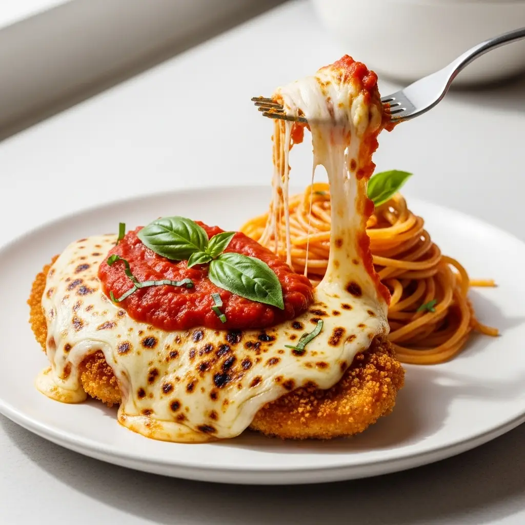 A serving of crispy chicken parmesan on a plate with melted cheese and marinara sauce.