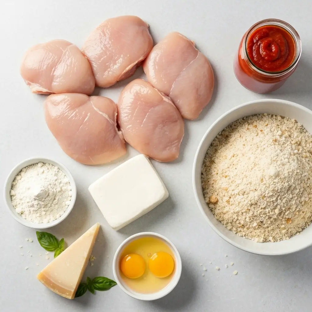Ingredients for chicken parmesan recipe laid out on a light surface.